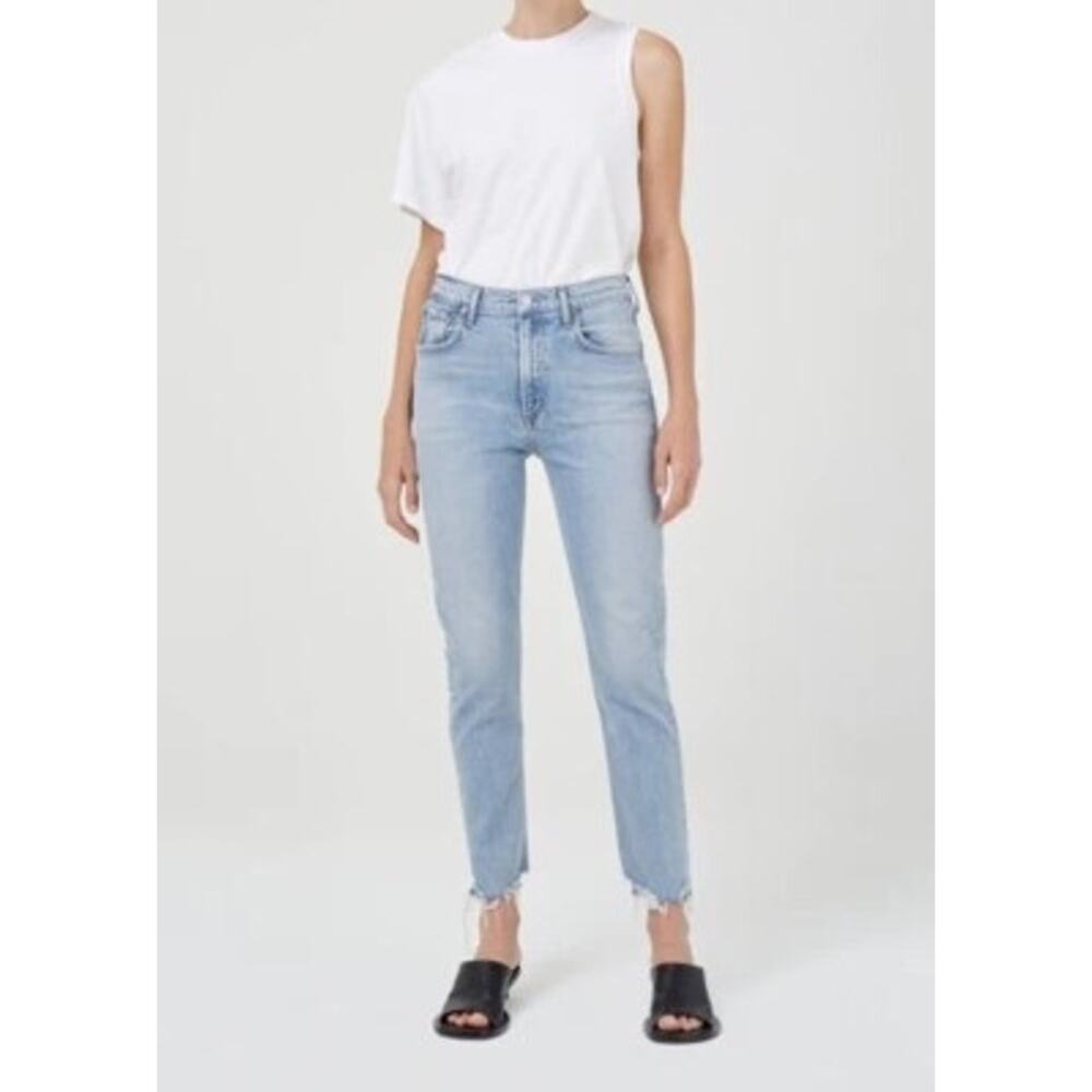 AGOLDE Merrel Mid Rise Straight Leg Jeans Raw Hem Light Wash Denim Size 25